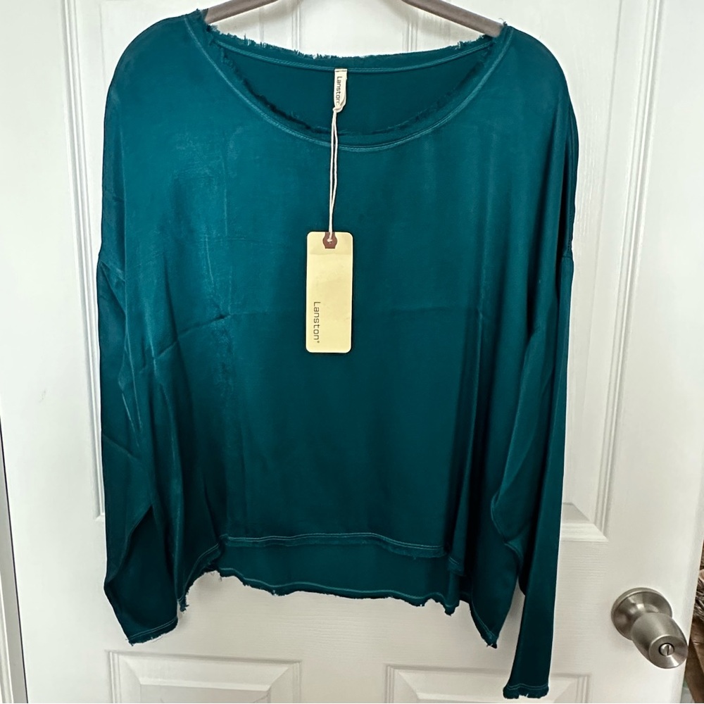 Lanston Teal Green Long-Sleeve Hi-Lo Raw Edge Women's Top Sz:Small NWT